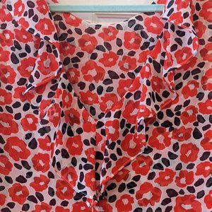 Blue and Red Floral Poppy Sheer Ruffle sleeveless blouse